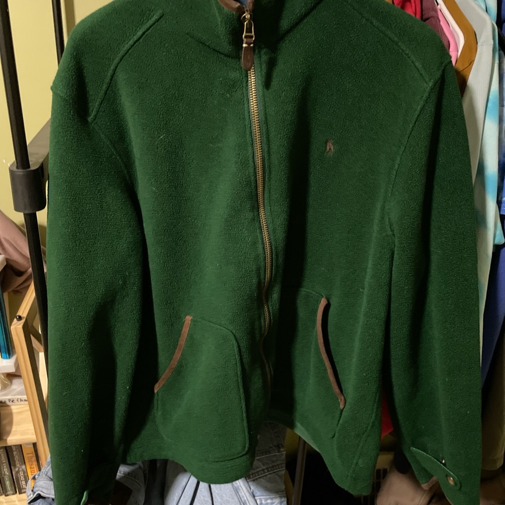 Polo Ralph Lauren Green Fleece Brown Leather Trim Pony Vintage Jacket XL Barn